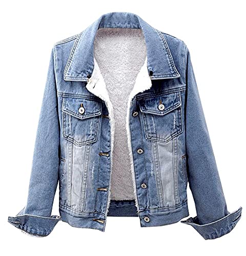 Lifeshe 6-7106-US-LIF Women'S Winter Detachable Hoodie Sherpa Fur Fleece Lined Denim Jean Trucker Jacket Coat Light Blue thumb #1
