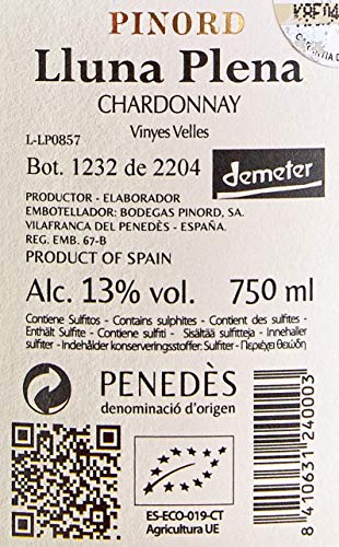 Pinord Lluna Plena Chardonnay Vino Blanco Crianza Ecológico - 750 ml