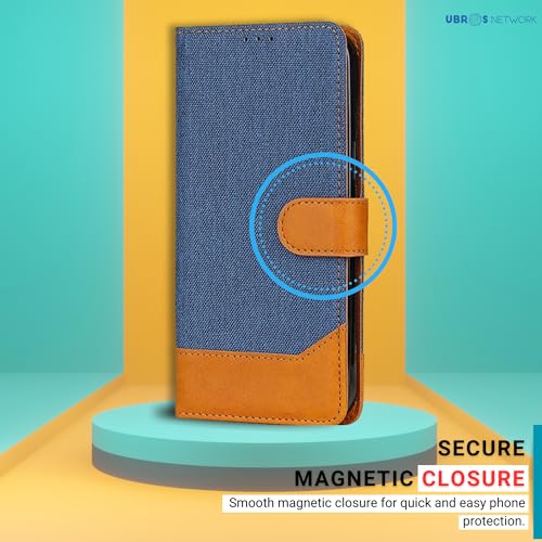 Image of Samsung A32 5G Denim & Leather Flip Back Cover Case | Vegan Leather | Kick Stand & Pockets | Protective Back Flip Cover for Samsung A32 5G (Blue)