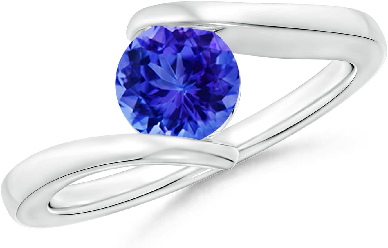 Angara Natural Tanzanite Solitaire Ring for Women | Bar-Set Solitaire Round Tanzanite Bypass Ring in 14K Solid Gold/Platinum | December Birthday, Anniversary, Gemstone Jewellery Gift