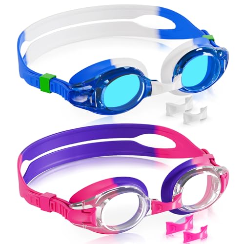 Aegend 2 Pack Kids Goggles, Swimming Goggles for Kids Age 4-16 Boys and Girls Youth, Anti-Fog Pool Goggles, Pink Purple & Blue-white