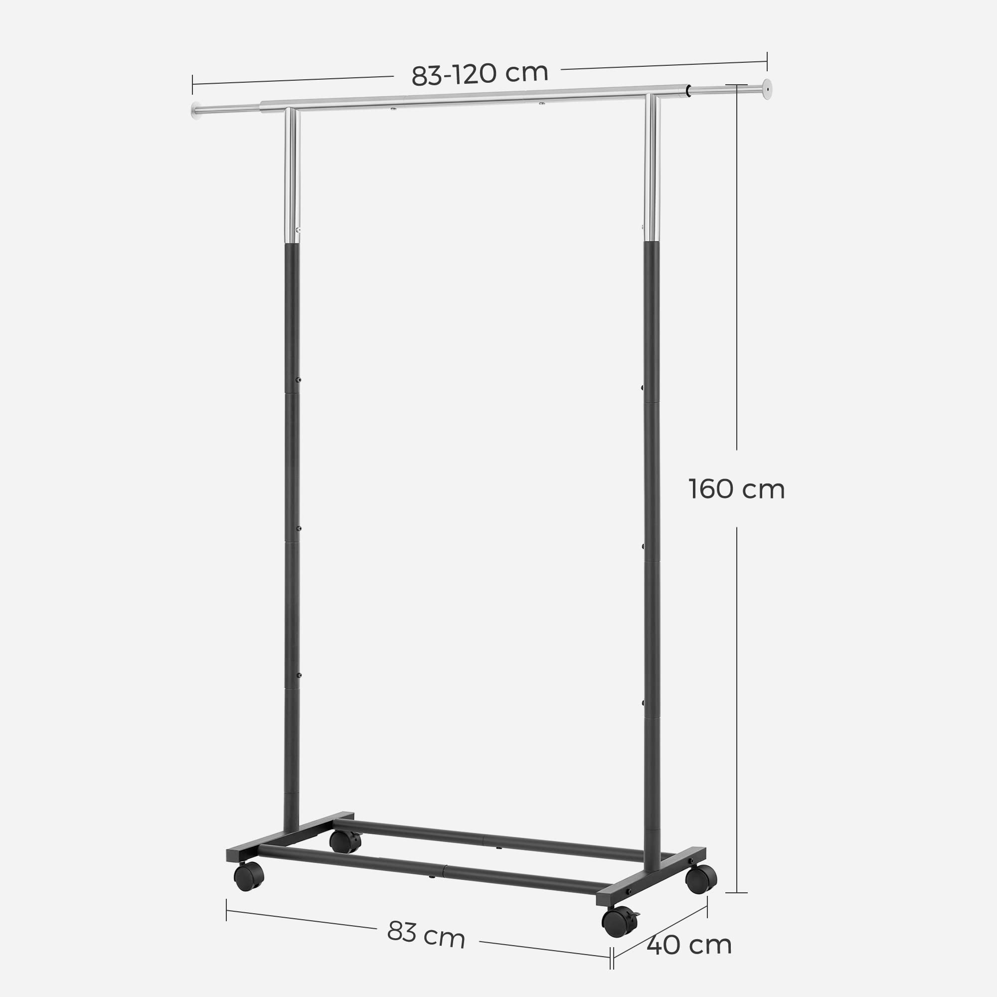 SONGMICS Stand Appendiabiti, Appendiabiti con Ruote, Capacità di Carico 25 kg, Estensibile, Color Argento e Nero HSR101B01