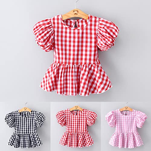 Toddler Baby Girls Plaid Blouse Pleated Crew Neck Short Sleeve Shirts Infant Smocked Peplum Summer Tops Casual Clothes2