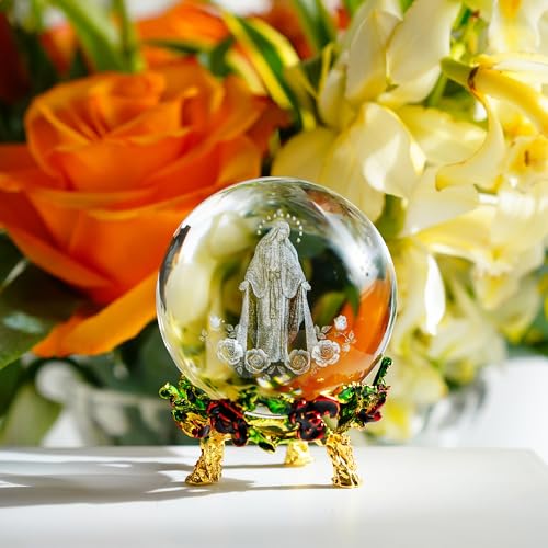 ZEERSHEE 3D Our Lady of Guadalupe Crystal Ball with Rose Stand Laser Etched Virgin Mary Statue Christian Catholic Religious Easter Gifts