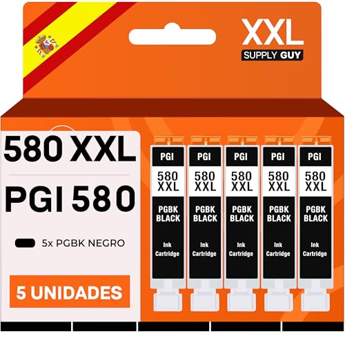 Supply Guy 580XXL Cartuchos Negro PGBK compatibles con Canon PGI 580 XXL para Pixma TS705 TS705a TS6350 TS6350a TS6351 TS6351a TS6300 TR8550 TS9550 Multipack 5 Cartuchos de Tinta