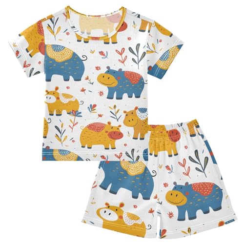 ALAZA Funny Hippo Leaves Pajamas Short Sleeve 2 Piece Sleepwear Top and Bottom Pajama Set Unisex