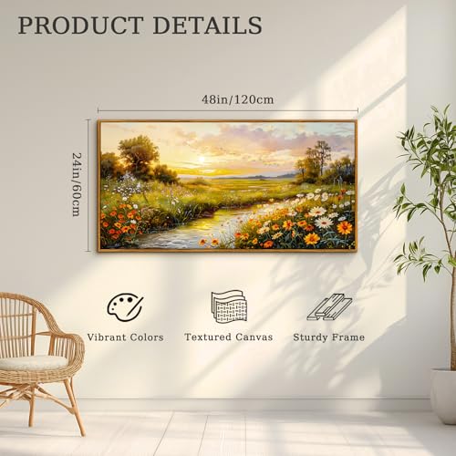 crmotu Landscape Wall Art, Floral Wall Decor, Large Framed Wall Art, Countryside Sunset Scenic Canvas Prints, Meadow Wildflowers Aesthetic Paintings Wall Decor Living Room Bedroom Bathroom 24x48inch