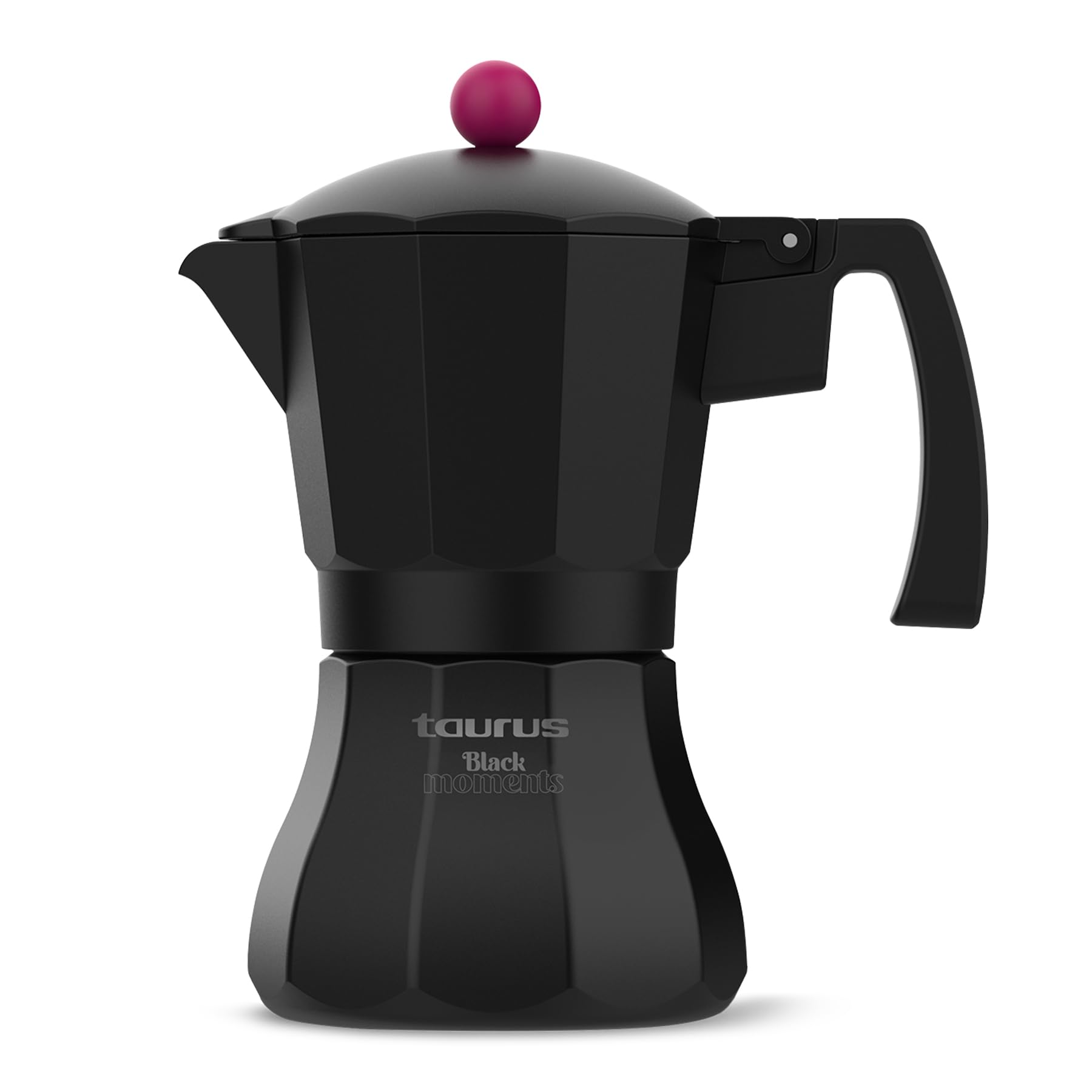 Taurus Black Moments 12 - Cafetière italienne, 12 tasses, base et passoire en acier inoxydable, poignée ergonomique, soupape de sécurité, fermeture de sécurité, pour tous les brûleurs, noir