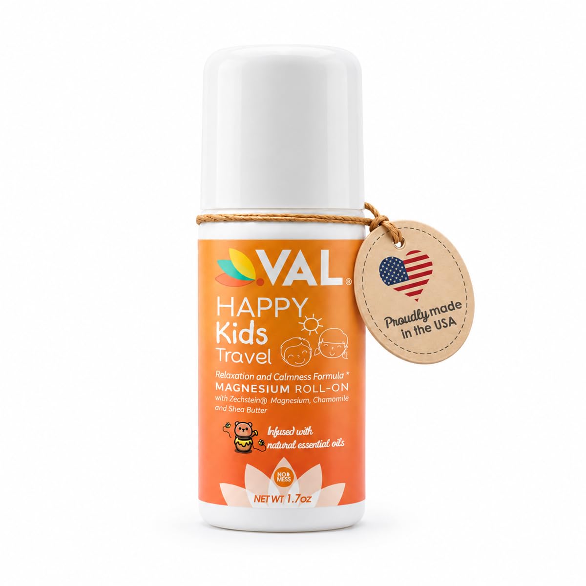VAL Happy Kids Travel Magnesium Roll-On, Relaxation &amp; Calmness Formula for Kids, Zechstein® Magnesium with Chamomile &amp; Shea Butter, Topical Roll-On, 1.7 oz