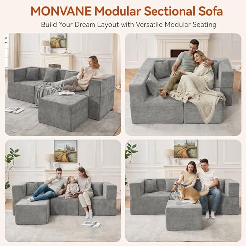 Image of MONVANE 103'' Modular Sectional Sofa, Cloud Sectional Couch with Ottoman, Convertible Chenille L Shaped Couch with Deep Seat, Sectional Couches for Living Room, No Assembly Required, Light Grey