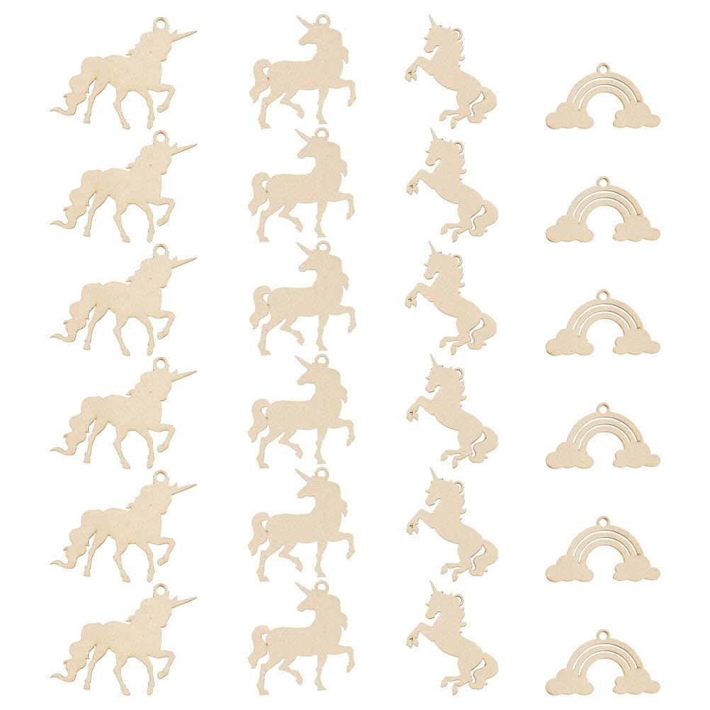 Cabilock Unicorn Wooden Cutouts 18Pcs DIY Craft Set Rainbow and Unicorn Shapes Natural Wood Slices for Painting Party Decorations and Wood Crafts