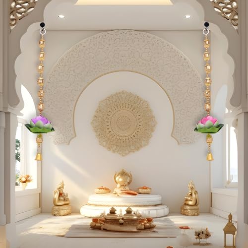Image of Akaar Decor Lotus Hanging Set of 2 | Multicolor Lotus Flower Wall Hanging with Golden Beads & Bell | Diwali Decoration, Temple Decor, Pooja Room & Home Entrance Hanging