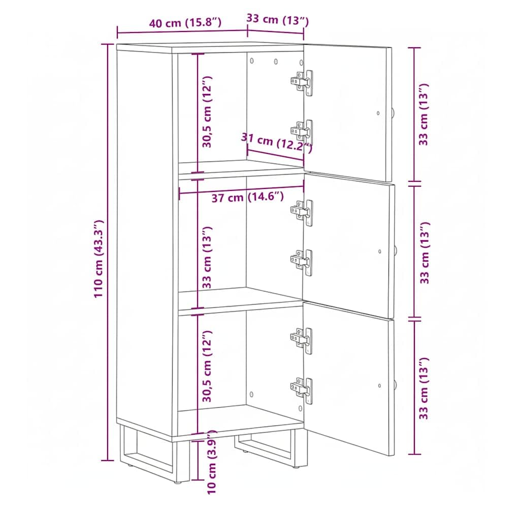 Highboard z drewna mango, 40 x 33 x 110 cm, z metalowymi nóżkami, miejsce do przechowywania drzwi, kredens, komoda, do salonu, szafy, półki, szafki pod telewizor, szafka pod telewizor, szafka