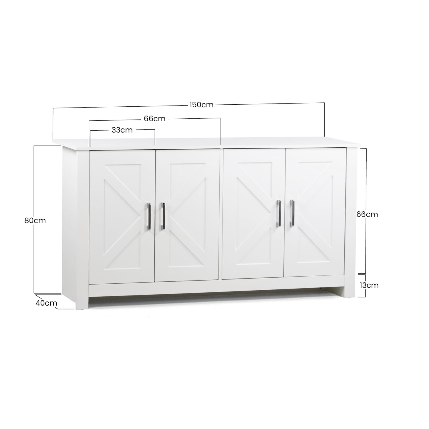 Brigros WeHome - Credenza Cucina Con 4 Ante, Credenza Soggiorno Bianca 150x40x80 Cm, Mobiletto Ingresso Con Maniglie Cromate, Mobile Cucina, Madia Soggiorno Moderna