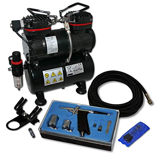 Wiltec Einsteiger Airbrush Kompressor Set AS196 mit 1 Airbrushpistole Typ 116 und umfangreichem Zubehör, 3 l Drucktank, für Modellbau, Tattoos, Nailart