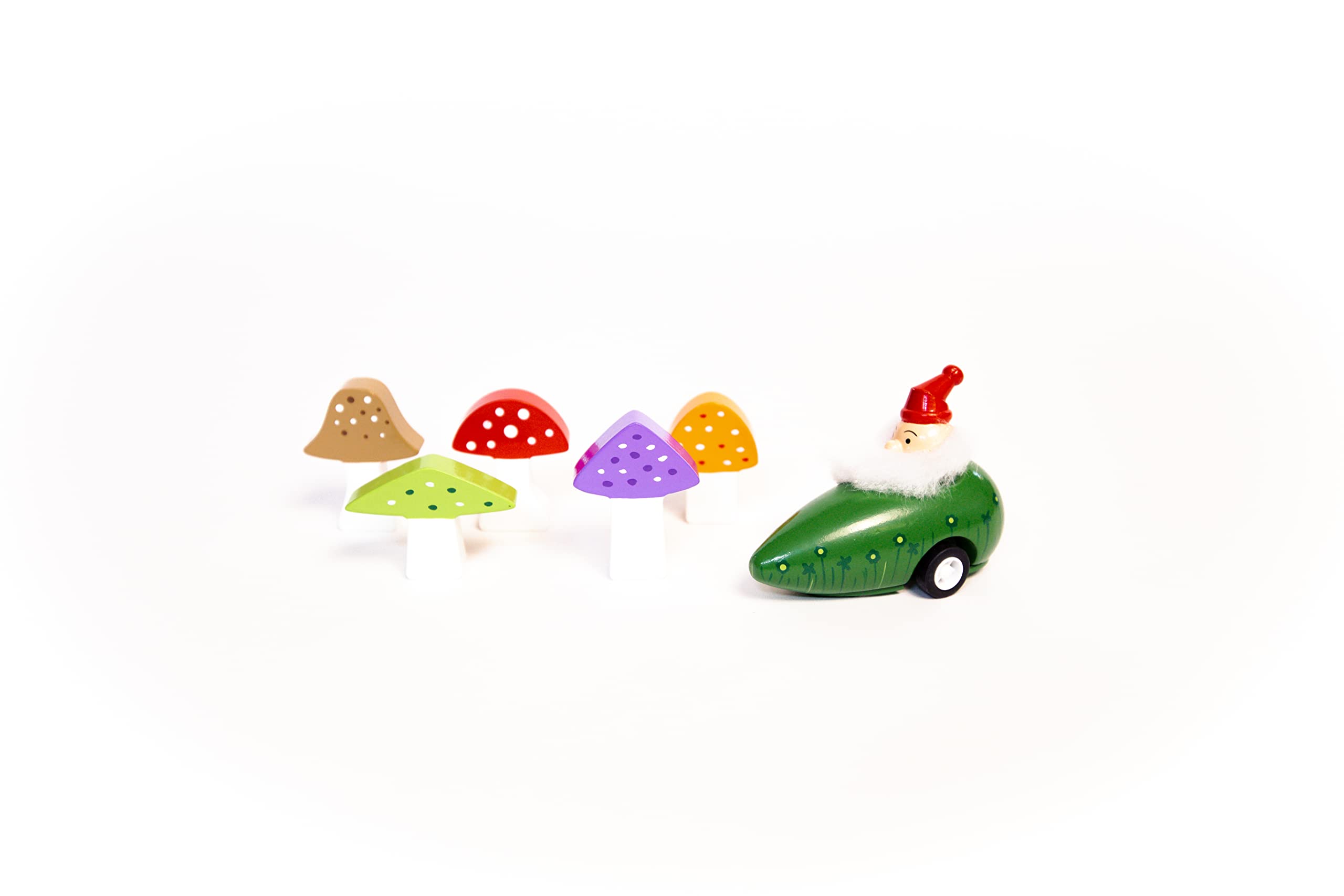 Gnome and Mushroom 8 Piece Bowling Game by Jack Rabbit Creations – Pull-Back Car and Garden Mushroom Stacking Pins – Classic Wooden Toy – Develops Hand Eye Coordination & Motor Skills - Ages 3+ Years