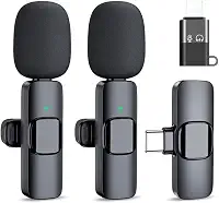 Kit Microfone de Lapela Profissional Sem Fio Compativeis (Tipo C e IOS) Podcast, Youtubers, Influencer e TikTok Com Redução de Ruidos Altamente Sensivel Com 2 Entradas Amplamente Premium