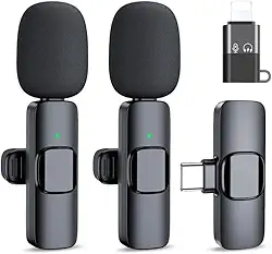 Kit Microfone de Lapela Profissional Sem Fio Compativeis (Tipo C e IOS) Podcast, Youtubers, Influencer e TikTok Com Redução de Ruidos Altamente Sensivel Com 2 Entradas Amplamente Premium