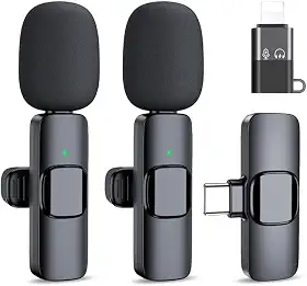 Kit Microfone de Lapela Profissional Sem Fio Compativeis (Tipo C e IOS) Podcast, Youtubers, Influencer e TikTok Com Redução de Ruidos Altamente Sensivel Com 2 Entradas Amplamente Premium