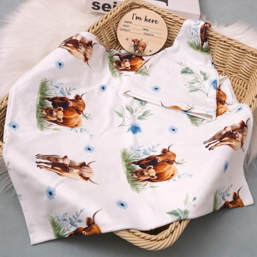 Image of Ylsteed Baby Highland Cow Swaddle Blanket and Headband Set, Newborn Receiving Blanket Swaddle Wrap for Girls and Boys, Swaddling Blankets Neutral for Newborn 32 * 32 in (Highland Cow Blue)