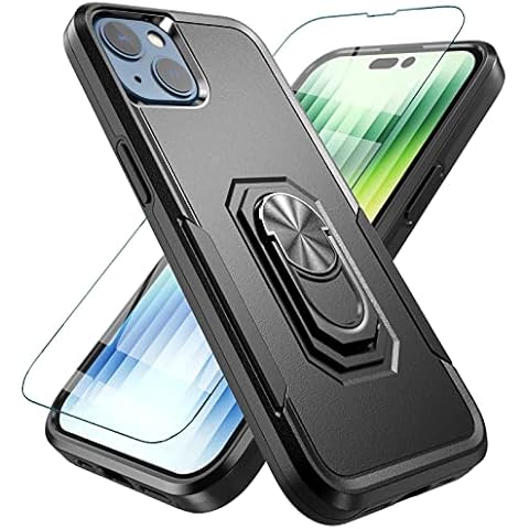 SUEJIA Case for iPhone 14 Plus with Tempered Glass Screen Protector, Hybrid Slim Fit Durable Shockproof Protective Case Magnetic Ring Car Mount Kickstand for iPhone 14 Plus 6.7",Black Cover