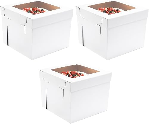 JJO Cajas altas para pasteles de nivel, 14 x 14 x 12 pulgadas, paquete de 3, cajas para pasteles con ventana, contenedores desechables para tartas,