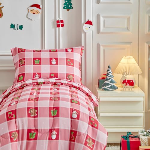 Image of Christmas Toddler Bedding Set for Boys Girls Red White Plaid Colorful Holiday 4PC Toddler Bed Set - Cute Toddler White Bed in a Bag with Snowman Socks GIF Box
