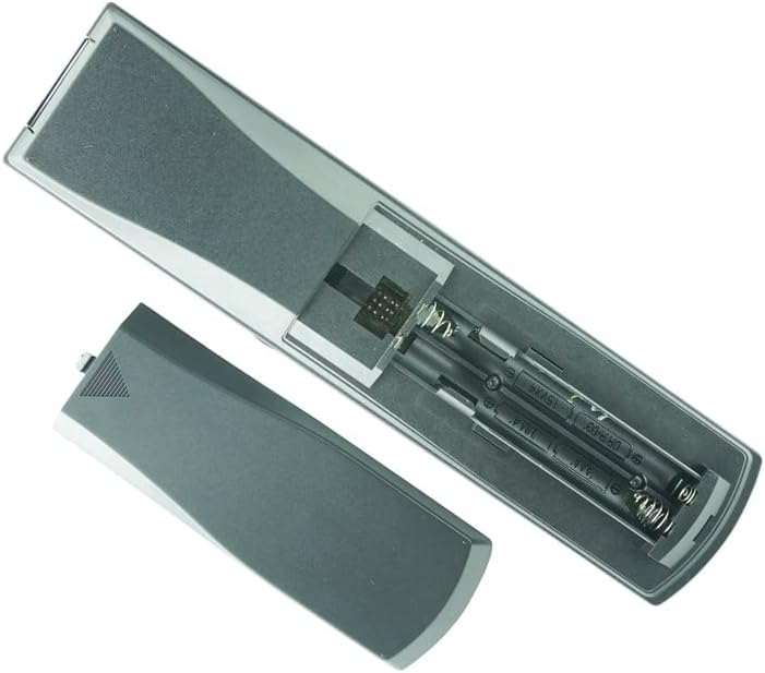 پوئتي view of the remote control with the battery compartment open, showing two AA batteries inserted.