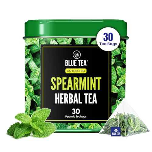 BLUE TEA - Spearmint Tea - 30 Count - Pyramid Plant Based Biodegradable Tea Bags | Antioxidant Rich | Caffeine Free - Non-Bitter - Herbal Tea | Tin Pack