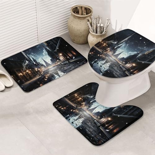 OrcoW Badematten-Set, Motiv: Stadt-Nacht, rutschfest, saugfähig, Badezimmerteppich,...