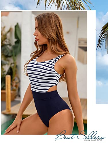 Molybell Modest Swimsuit For Women Athletic One Piece Bathing Suit With Zipper High Cut Striped Monokini Swimsuits For Teen Girls Size Medium (Navy/White, Medium) #TOP2