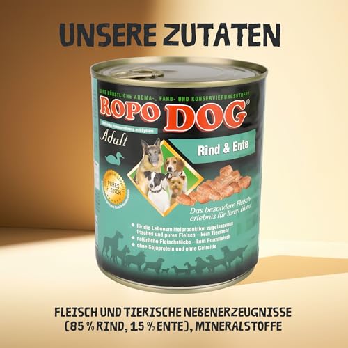 ROPODOG Hundefutter Nassfutter 6×800 g für Erwachsene Hunde Aller Rassen Premium Qualität getreidefrei, proteinreich, gut verträglich – Vollnahrung im Vorratspack (Rind & Ente)