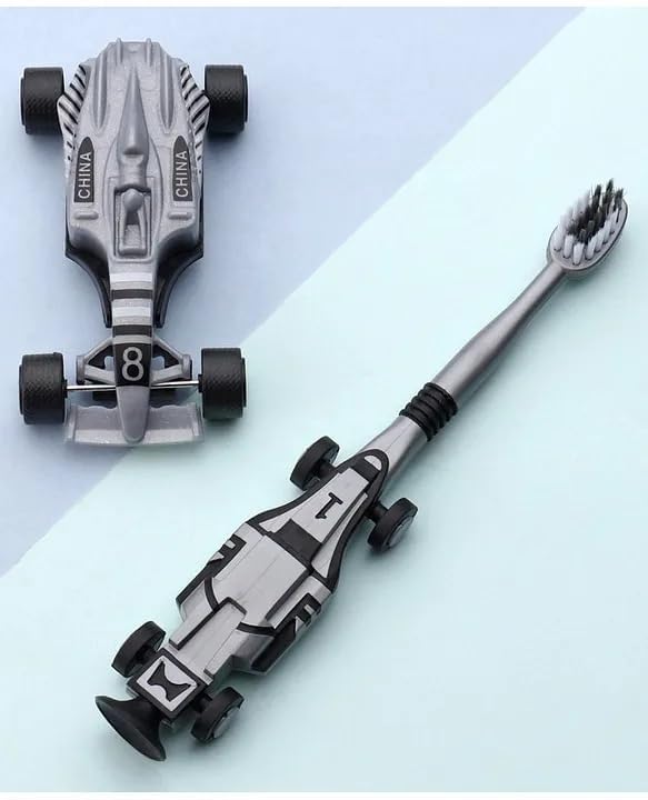 Formula Racing Car Shaped Toothbrush for Kids, Grey and Black, with Soft Bristles, Pack of 2-image-39