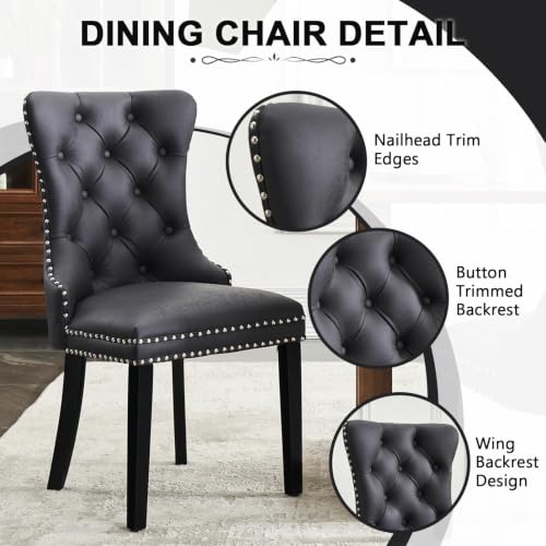 Image of Leather Dining Chairs, Upholstered Dining Room Chairs, Black, Set of 2
