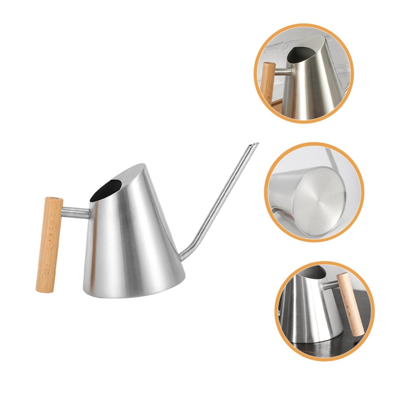 Edelstahl Gießkanne 900ml mit Langem Ausguss, Silber | Holzgriff, für Gartenpflanzen und Blumen, Erreicht Kleine Stellen Beim Gießen