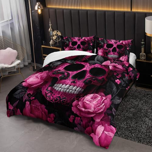 Image of Skull Comforter King Size,Skull Kids Comforter Set,3Pcs Bedding Set Printed Comforter with 2 Pillowcases,Down Alternative,Soft and Lightweight,for All Seasons