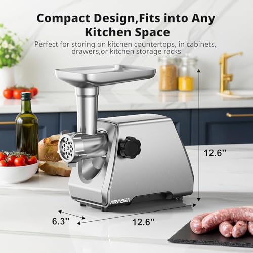 Image of AIRMSEN Electric Meat Grinder & Mincer - Heavy Duty Professional Stainless Steel Sausage Maker & Stuffer with 3 Plates, 2 Stainless Blades & Kubbe Kit - Fast, Quiet, Easy to Clean for Home Kitchen Use