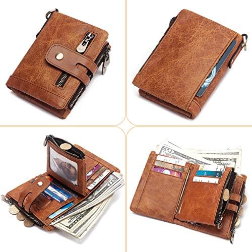 REETEE Mens Wallet RFID Blocking Men's Genuine Leather Wallet and Zipper Coin Pocket Bifold Purse with Chain 16 Credit Card Holder Genuine Leather Gents Wallets Slim Purse (Light Brown)