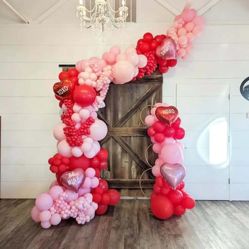 Image of Valentine's Day Balloon Garland Arch Kit - 122 Piece Red, Pink & Light Pink Balloons - Heart & Bear Shaped - Biodegradable - For Couples & Lovers