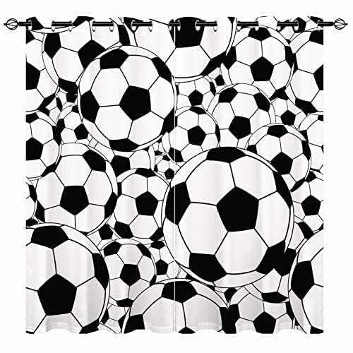 YUANZU Boys Curtains - Kids White/Black Balls Sport Football Print Pattern Eyelet Blackout Thermal Insulated & Room Darkening Window Drapes for Nursery Baby Bedroom Playroom 2 Panels W132cm x D213cm