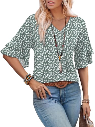 Image of OFEEFAN Spring Tops for Women Boho Shirts Fashion Clothing Cute 3 /4 Length Sleeve Blouses Dressy Casual Summer Outfits