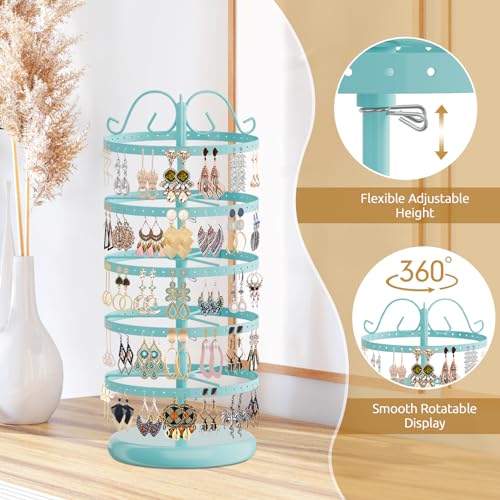 Image of MODOWEY Rotating Earring Holder Organizer Stand, 5 Tier Metal Tree Display for Women Vendors, 220 Holes Adjustable Jewelry rack for Stud Hoop Dangle Storage, Trendy Carousel Keeps Dresser Neat, Blue