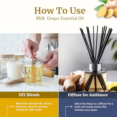 Image of SVA Ginger Essential Oil 4 Fl Oz - for Diffuser, Skin & Hair Care - Ideal for Massage & DIY Blends - with Dropper