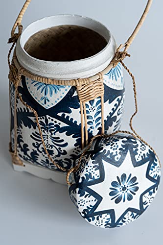 Siam Sawadee Weaved Bamboo Basket Motifs Painted, Handcrafted Rattan Handle Container With Lid, Thai Traditional Lunch Box, Rice Storage Kitchen Accessory, Home Decorative Accent Gift, 7X12 Inches #TOP7