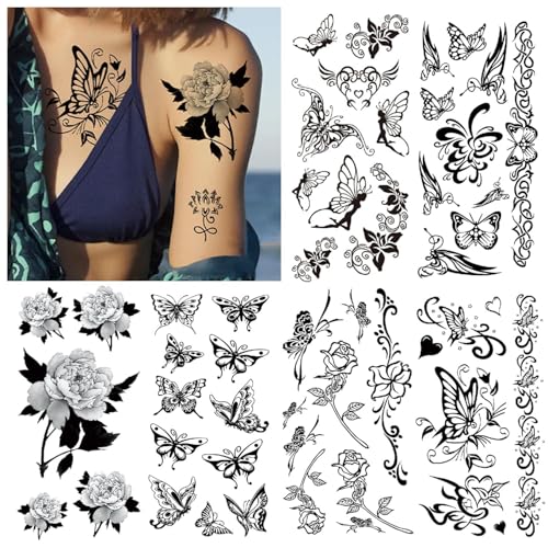 LEADTEAM Faux Tatouage Femme, 10 Feuilles Tatouages Temporaires 3D Papillon Bras, Autocollant Tatouage Adhésif Adultes Coller Festival