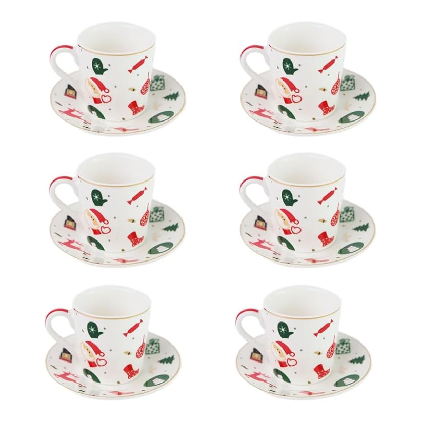 Tazzine Caffè, Set 6 Pezzi Fantasia del Natale in Porcellana con Piatto – Tazzine Caffè Particolari con Decorazioni Natalizie e Idea Regalo Natale per la Tavola delle Feste