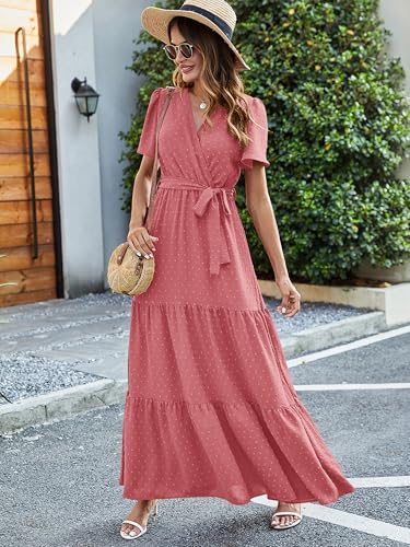 Image of MASCOMODA Women Boho Swiss Dot Maxi Dresses Wrap V Neck Flutter Short Sleeve Solid Tie Waist A Line Tiered Flowy Long Dresses