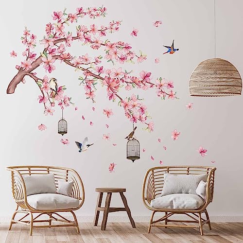 PinkEleph® Pink Magnolia Flower Wall Stickers, Cherry Blossom Floral Tree Branch Birds Wall Decals - Image 3