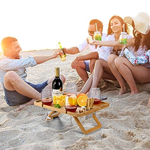 Kingrol PPT-1 Bamboo Wine Picnic Table With Wine Bottle, Glass And Cheese Knife Holder thumb #6