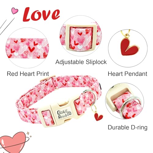 Image of Valentine's Pink Line Love-Heart Dog Collar for X-Small Dogs | Valentine Pet Outfit,Wedding,Anniversary,Daily Walks,Adjustable,Cotton Fabric,Quick Release Plastic Buckle,Pendant,Female Dog